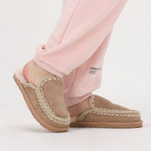 Mou Eskimo Whipstitched Suede Shearling Slippers Tan